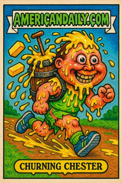A satirical running-themed trading card depicting a grotesque runner wildly churning butter mid-run, splattered with butter, on a messy path.