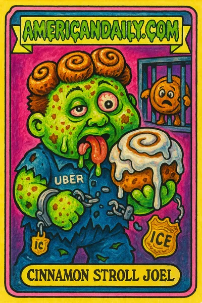 A grotesque satire trading card of Cinnamon Stroll Joel, a panic-stricken depiction of an Uber driver in a sticky situation with amorphous rolls and ICE motifs.