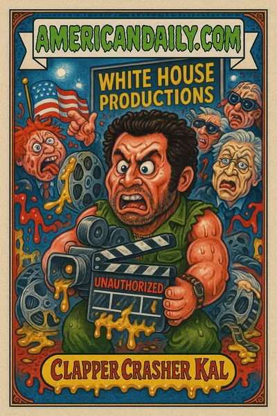Satirical comic of Ben Stiller as his 'Tropic Thunder' character surrounded by exaggerated Hollywood figures in a White House propaganda setup.