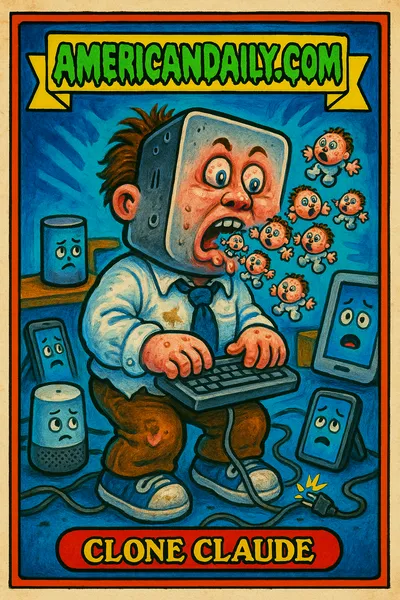 A grotesque AI character, 'Clone Claude', frantically typing with massive cube-shaped head and wild expressions, surrounded by chaotic home tech devices.