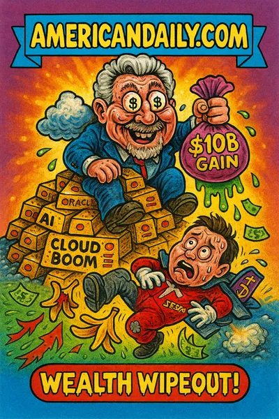 Cartoon parody of Larry Ellison atop a mountain of glowing Oracle servers holding '$100B Gain' money bag while Elon Musk in a Tesla outfit slips on banana peel stock charts. Banner reads 'AMERICANDAILY.COM,' bottom caption reads 'Wealth Wipeout!