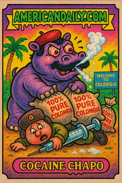 Grotesque cartoon hippo with Escobar mustache, Russian zookeeper, and 'Cocaine Chapo' on the card.