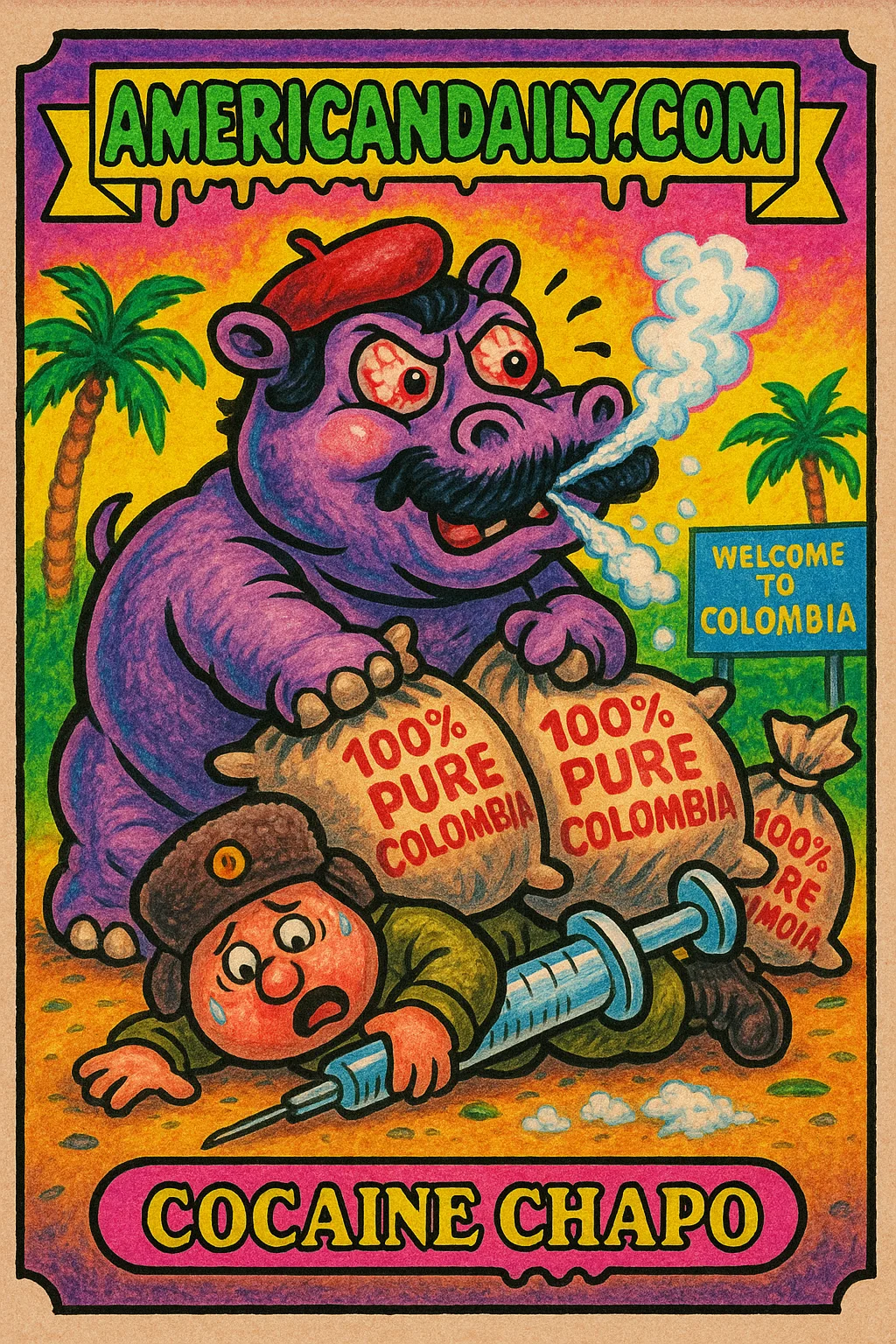 Grotesque cartoon hippo with Escobar mustache, Russian zookeeper, and 'Cocaine Chapo' on the card.