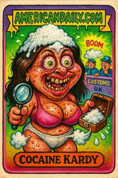 Garbage Pail Kids-style card featuring 'Cocaine Kardashian' with exaggerated features, underwear stuffed with white powder, in a chaotic customs scene.