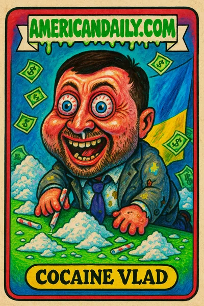 A grotesque cartoon of Zelensky with bulging eyes, surrounded by white powder piles, broken straws, in a chaotic scene with the Ukrainian flag.