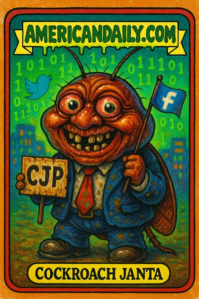 A grotesque cockroach in a torn business suit holds a 'CJP' placard, surrounded by digital elements like binary codes and social media icons. Humorous and satirical depiction of a digital rebellion.