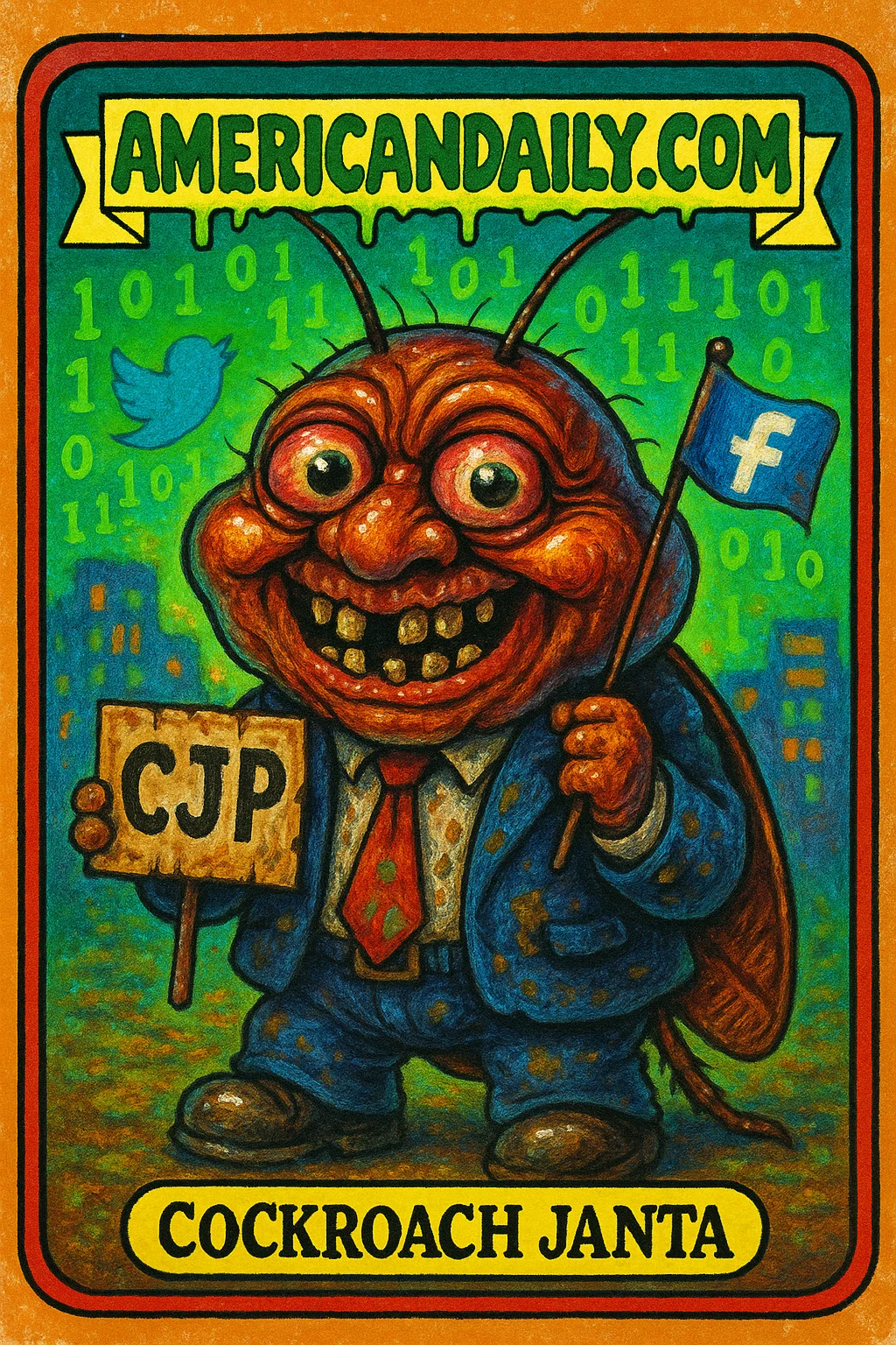 A grotesque cockroach in a torn business suit holds a 'CJP' placard, surrounded by digital elements like binary codes and social media icons. Humorous and satirical depiction of a digital rebellion.