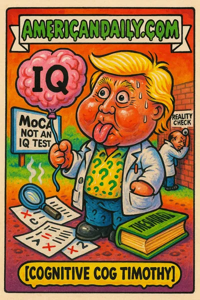 A grotesque caricature of Trump in a small doctor coat holding an inflated 'IQ' brain balloon, surrounded by satire of misunderstanding cognitive tests.