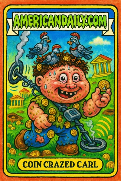 A grotesque character with a crazed expression and oversized metal detector surrounded by erupting Roman coins, parodying a recent discovery.