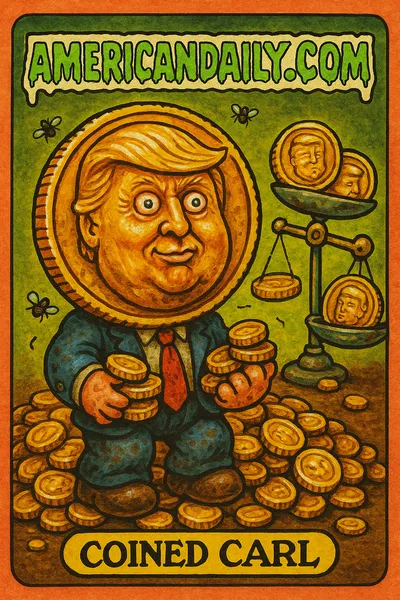 A grotesque illustration of 'Coined Carl', a character with an oversized head as a gold Trump coin, amidst piles of gold. Flies hover comically around.