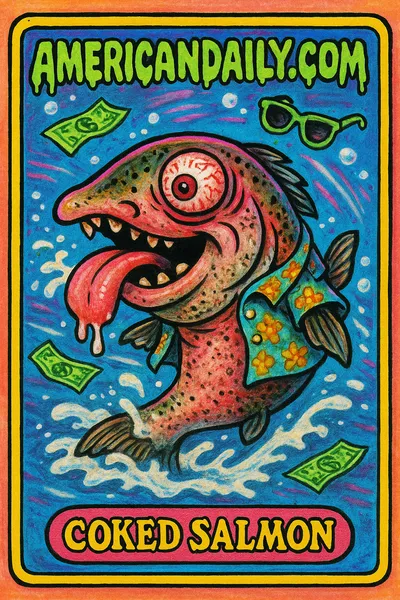 A grotesque salmon with bloodshot eyes and a toothy grin swims in cocaine-laced waters, wearing an unbuttoned Hawaiian shirt. Money and sunglasses float nearby.