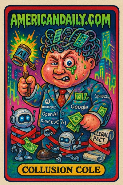 Grotesque parody of a corporate exec with tech body parts, tangled AI theme, dollar-bill suit, and malfunctioning gavel in a dystopic city backdrop.