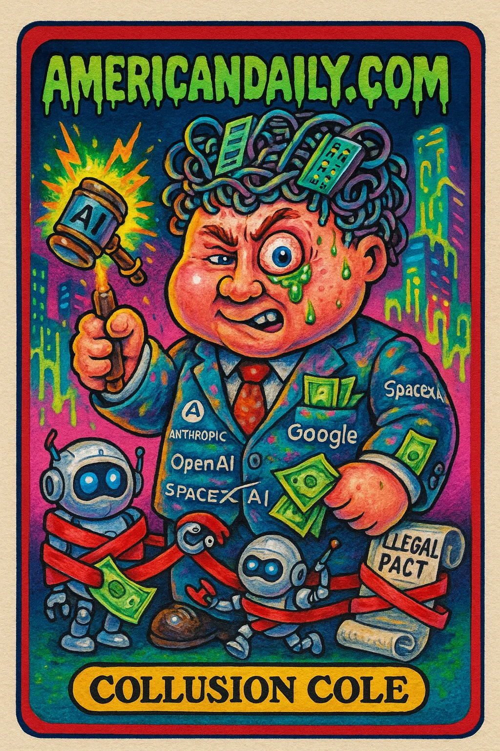Grotesque parody of a corporate exec with tech body parts, tangled AI theme, dollar-bill suit, and malfunctioning gavel in a dystopic city backdrop.