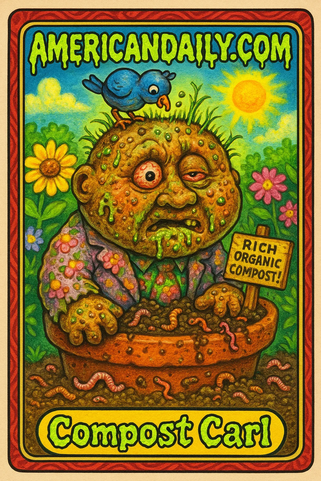Trading card of Compost Carl, a grotesque, decomposing character in a flowerpot with garden-themed gags.