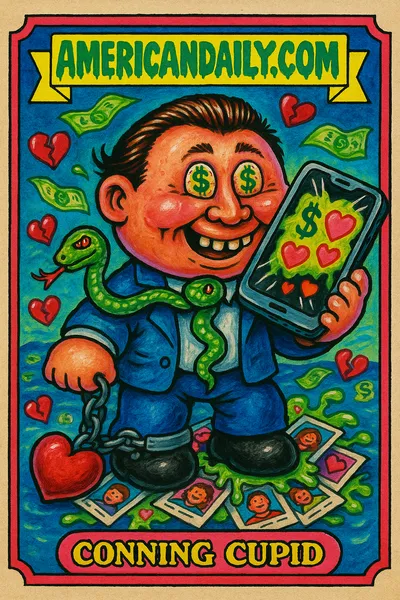 A grotesque cartoon character named Conning Cupid with a giant head, bulging eyes with dollar signs, and a serpent necktie, holds a broken smartphone amid a chaotic scene of online dating chaos.