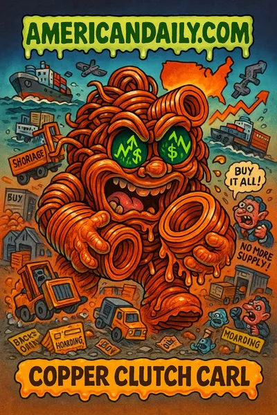 Grotesque cartoon of a panicked copper monster hoarding shiny metal coils while traders, trucks, and ships rush toward the U.S., satirizing the copper price surge and supply scramble.