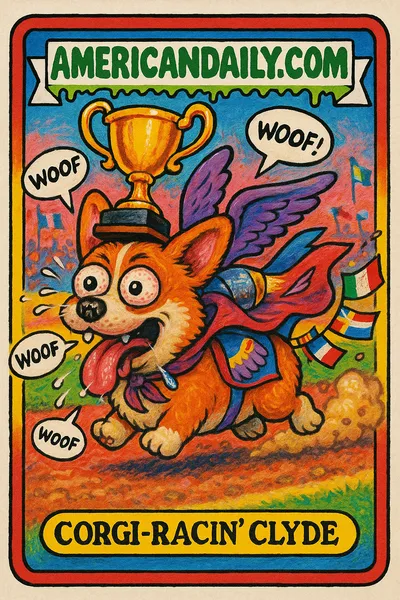 A grotesque and hilarious illustrated corgi with big exaggerated features and racing gear in a crowded race scene.