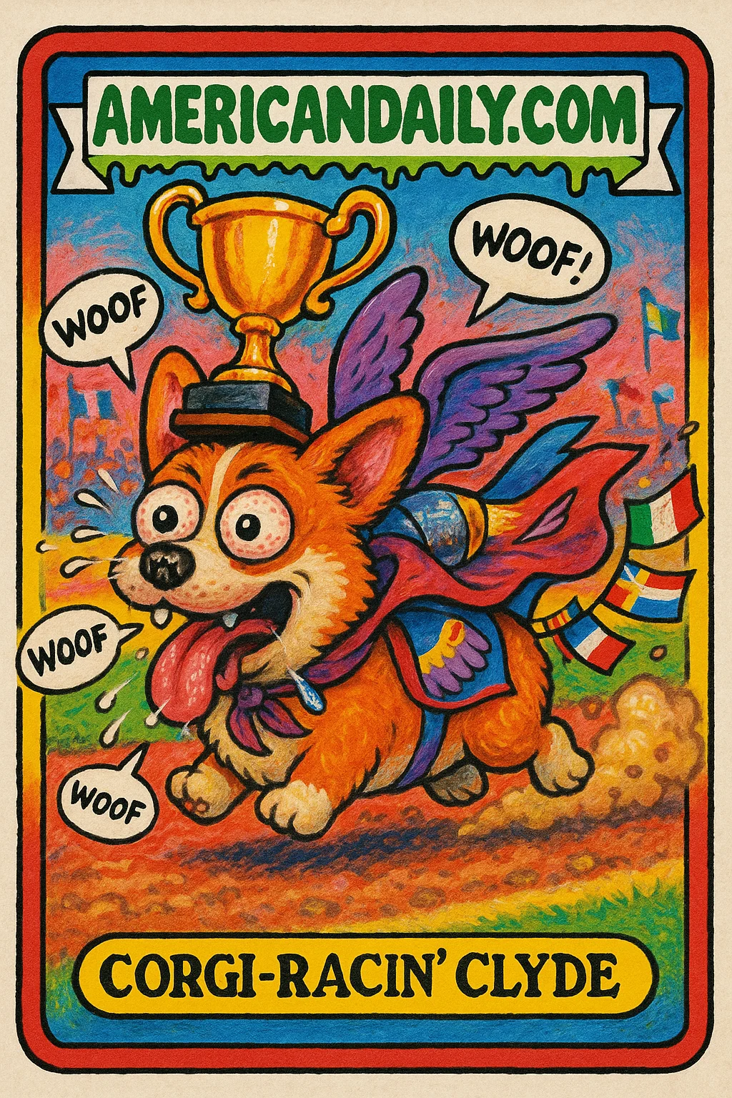 A grotesque and hilarious illustrated corgi with big exaggerated features and racing gear in a crowded race scene.