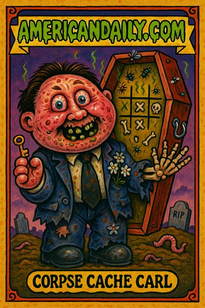 A grotesque funeral director with moldy teeth and popping eyes holds a coffin key and a waving skeletal hand, set against a cartoonish graveyard.