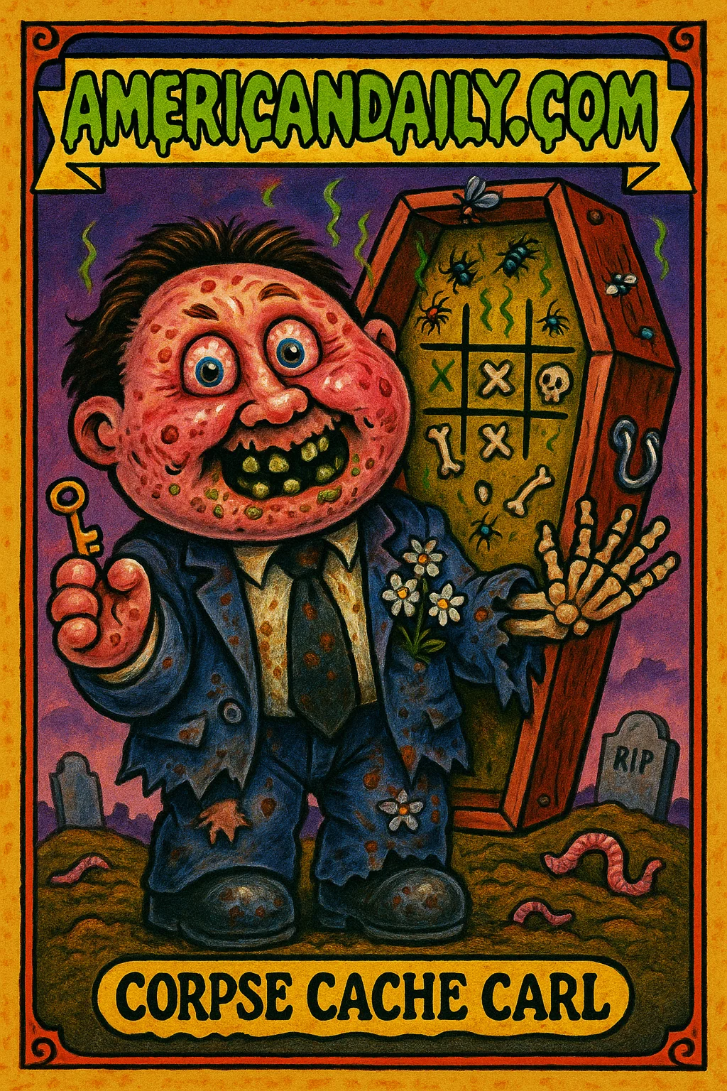 A grotesque funeral director with moldy teeth and popping eyes holds a coffin key and a waving skeletal hand, set against a cartoonish graveyard.