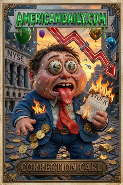 A satirical trading card featuring 'Correction Carl', a grotesque stockbroker in a chaotic stock exchange scene reflecting market downturn. — 3D version