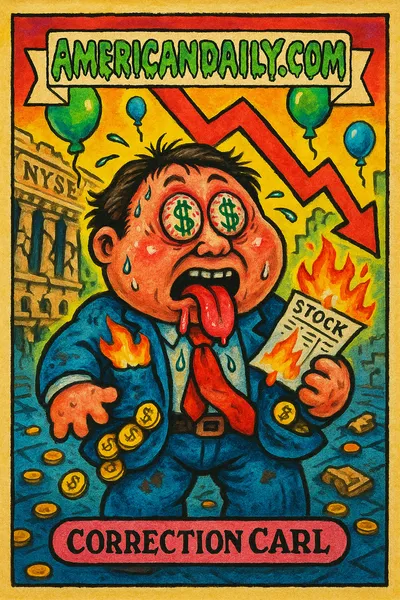 A satirical trading card featuring 'Correction Carl', a grotesque stockbroker in a chaotic stock exchange scene reflecting market downturn.