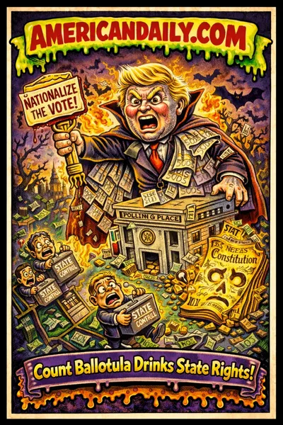 Cartoon vampire-like Trump ("Count Ballotula") waving a ballot scepter over chaotic polling places as state election officials clutch ballot boxes, under a slime-dripping Americandaily banner.