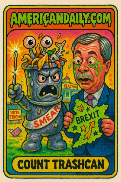 Satirical Garbage Pail Kids-style card of Count Binface battling Nigel Farage. Count Trashcan is a living trash can with exaggerated features, set against a Clacton seaside background.