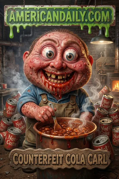 A grotesque character in a messy factory chugs fake soda, with a mischievous grin, stirring a bubbly vat amidst cluttered, broken machines. — 3D version