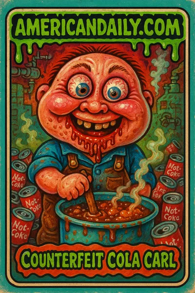 A grotesque character in a messy factory chugs fake soda, with a mischievous grin, stirring a bubbly vat amidst cluttered, broken machines.