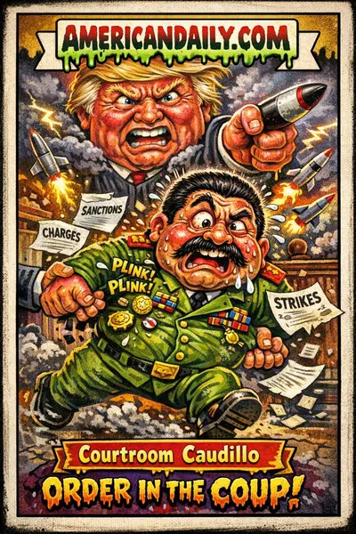 Grotesque cartoon trading card of a panicked Venezuelan dictator dragged into court while a storm-cloud judge threatens missile strikes, rendered in Garbage Pail Kids-style satire.