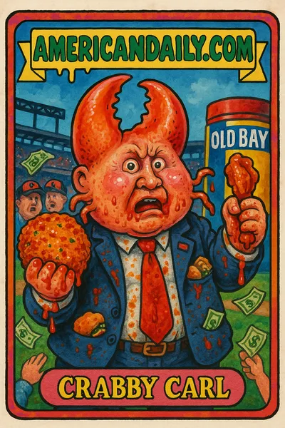 A grotesque politician, Crabby Carl, with a crab claw head, holding seafood, surrounded by angry taxpayers at a stadium.