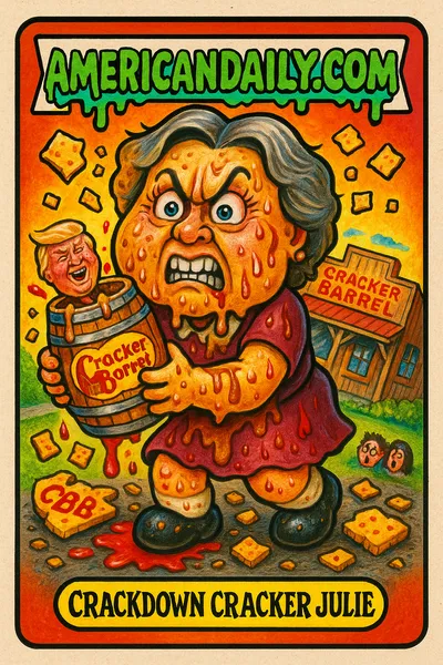 A Garbage Pail Kids style caricature of Cracker Barrel CEO with a head shaped like a cracker, holding an exploded barrel with logos and Trump head inside, surrounded by mini customers and burst cracker pieces.