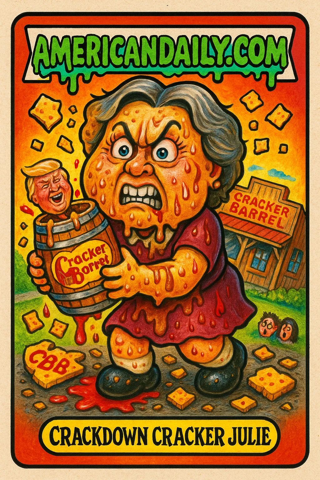 A Garbage Pail Kids style caricature of Cracker Barrel CEO with a head shaped like a cracker, holding an exploded barrel with logos and Trump head inside, surrounded by mini customers and burst cracker pieces.