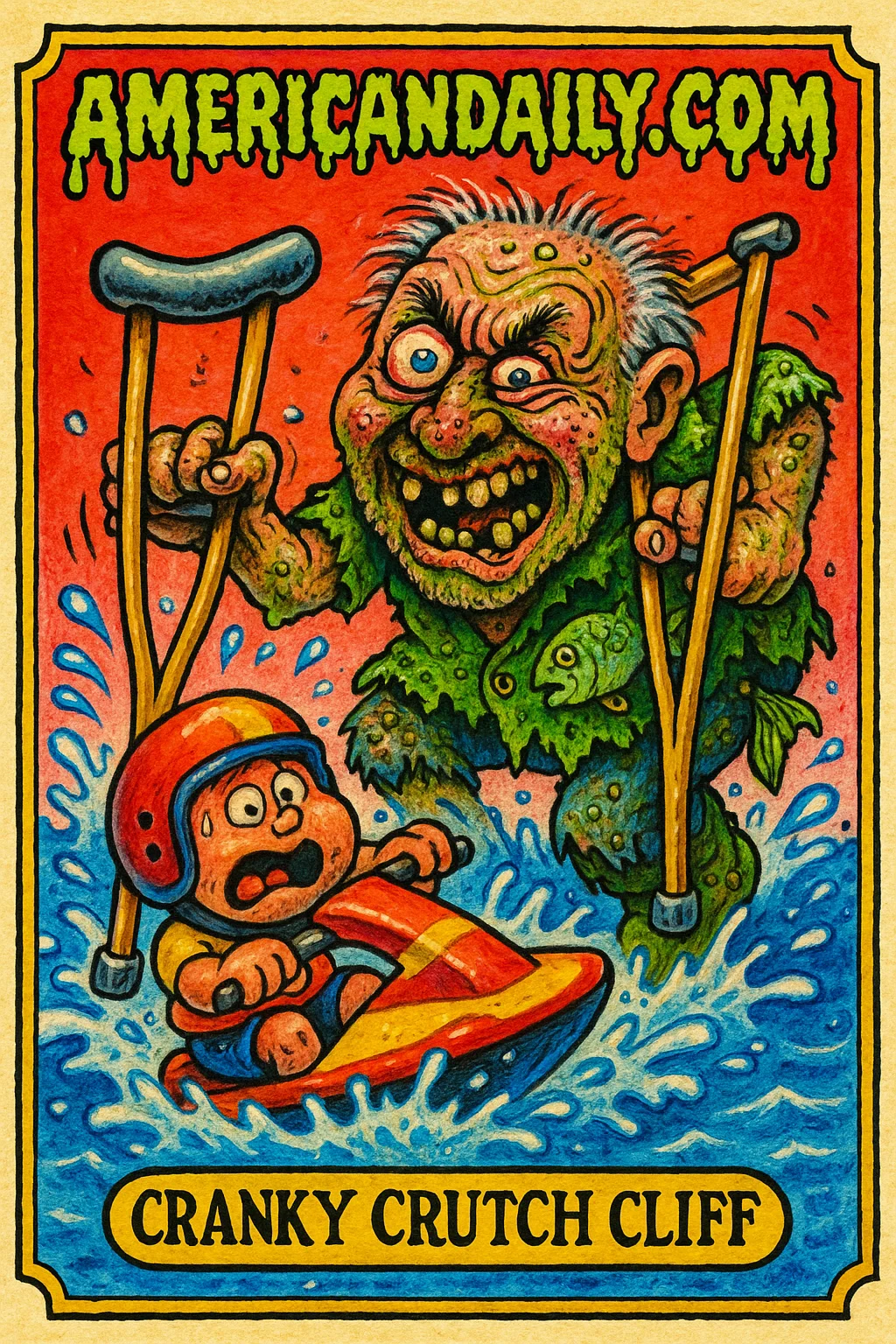 A grotesque, grizzled man named Cranky Crutch Cliff, using crutches to submerge a horrified jet skier, set in a tumultuous cartoon lake.