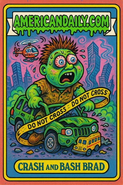 A grotesque character with an oversized head, Crash and Bash Brad, frantically sits in a smashed S.U.V. entangled with a toy bus, with a cartoon helicopter circling his head.