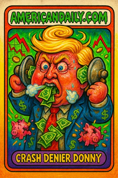 Trading card of 'Crash Denier Donny', a Trump-like figure with money-filled ears ignoring economic warnings, surrounded by chaotic financial signs.