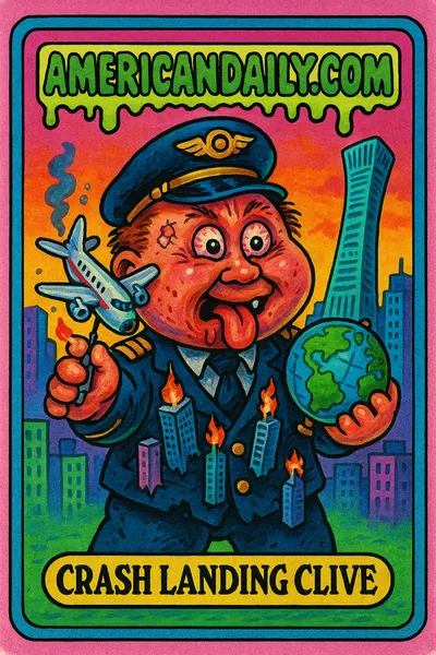 An exaggerated cartoon trading card featuring 'Crash Landing Clive', a disheveled pilot with an oversized head, crazed expression, and cityscape background, symbolizing a chaotic plane crash.