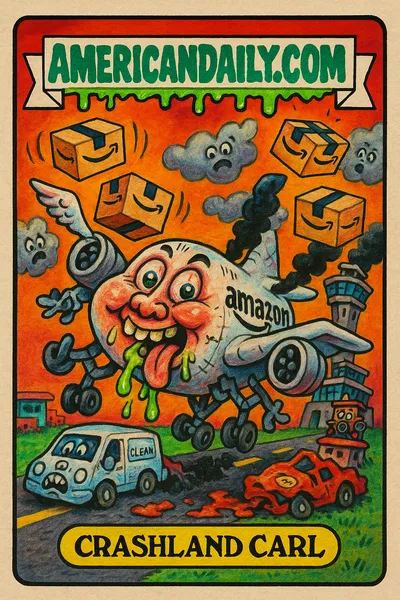 Grotesque Amazon cargo plane with a maniacal face, bulging eyes, broken landing gear juggling packages, and flattened vehicles on runway.