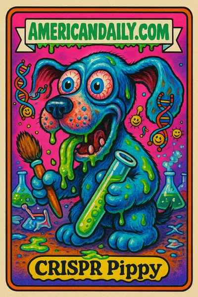 A grotesque, neon blue gene-edited beagle in a cartoon lab setting, featuring exaggerated features and floating DNA strands with smiley faces.