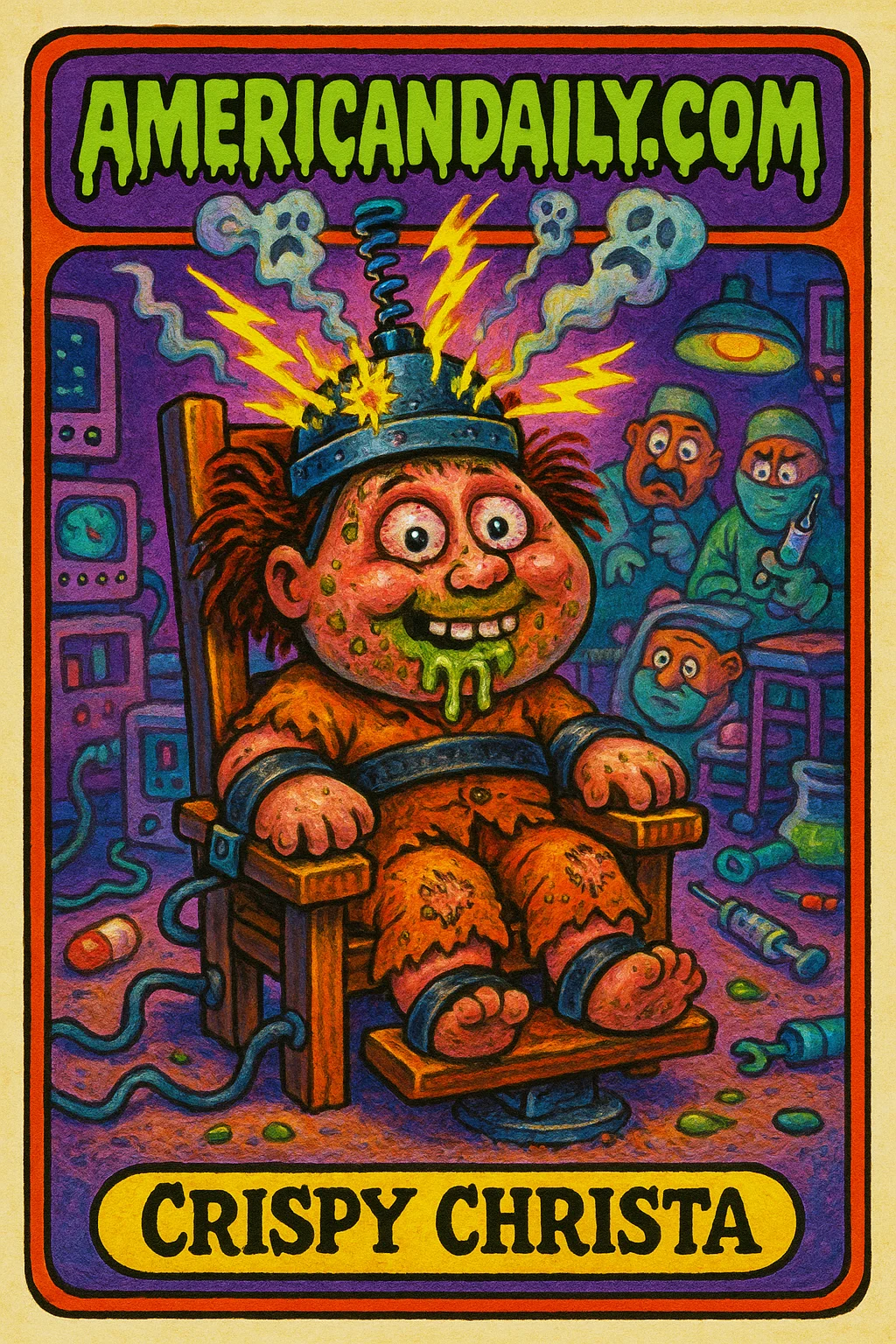 A cartoon parody of Christa Pike in a defective electric chair with wild eyes, drooling, and surrounded by bumbling medical staff with a 'Crispy Christa' banner.