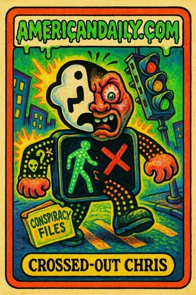 A grotesque, mutated crosswalk figure with a split personality expression and LED limbs declaring hacked messages, set against a distorted cityscape.