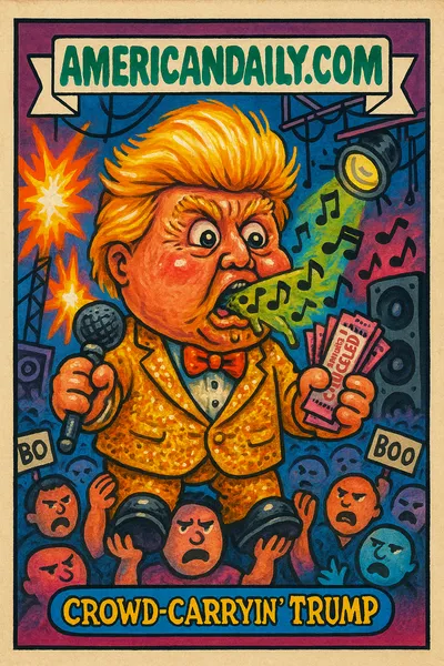 Trading card depicting Trump as a grotesque concert performer in a gold suit, with music notes and pyrotechnic chaos in the background.
