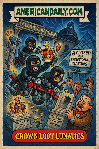 Parody trading card: cartoon thieves on motorbikes speed out of the Louvre's gallery holding a glittering crown and jewels, a shocked museum guard and tourists look on, the glass pyramid entrance shut with "Closed For Exceptional Reasons," banner "AMERICANDAILY.COM" above.