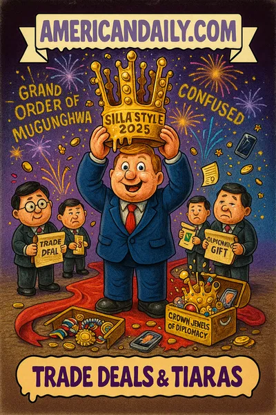 Parody trading card showing a cartoonish world leader raising a dripping gold crown labeled "SILLA STYLE 2025" while standing on a curling red carpet surrounded by South Korean officials with trade documents and medals. Fireworks spell "GRAND ORDER OF MUGUNGHWA."