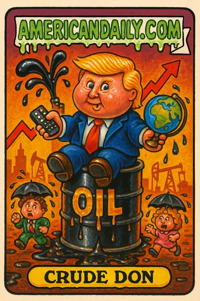 A caricature of Trump sits on a leaking oil barrel, chaotic cityscape in the background. Named Crude Don, with exaggerated hair and a puckered mouth.