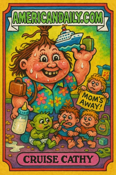 A grotesque 'Cruise Cathy' with a cruise ship in hand, surrounded by neglected children in a chaotic home.