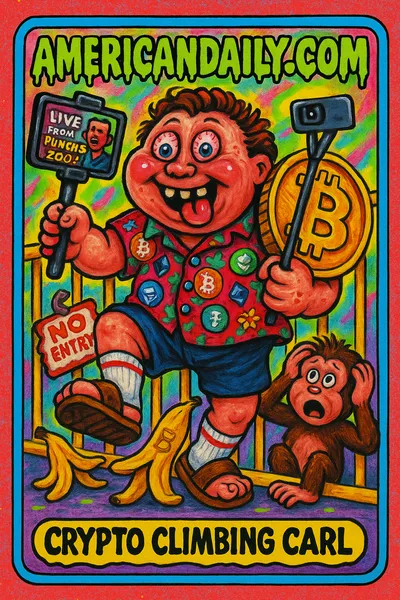 A grotesque tourist in a Hawaiian shirt scales a zoo fence with a huge Bitcoin, causing chaos in a monkey enclosure.