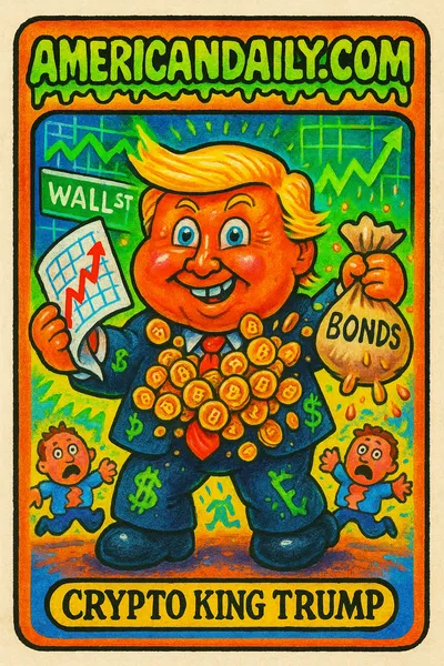 A grotesque caricature of Trump as 'Crypto King Trump', surrounded by chaotic Wall Street scenes with currency chaos.