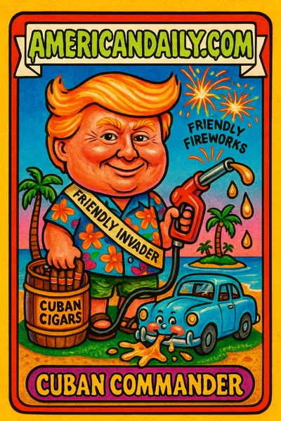 Cartoonish depiction of Trump as 'Cuban Commander,' with oversized features and a fuel pump, on a mini Cuban island with fireworks.